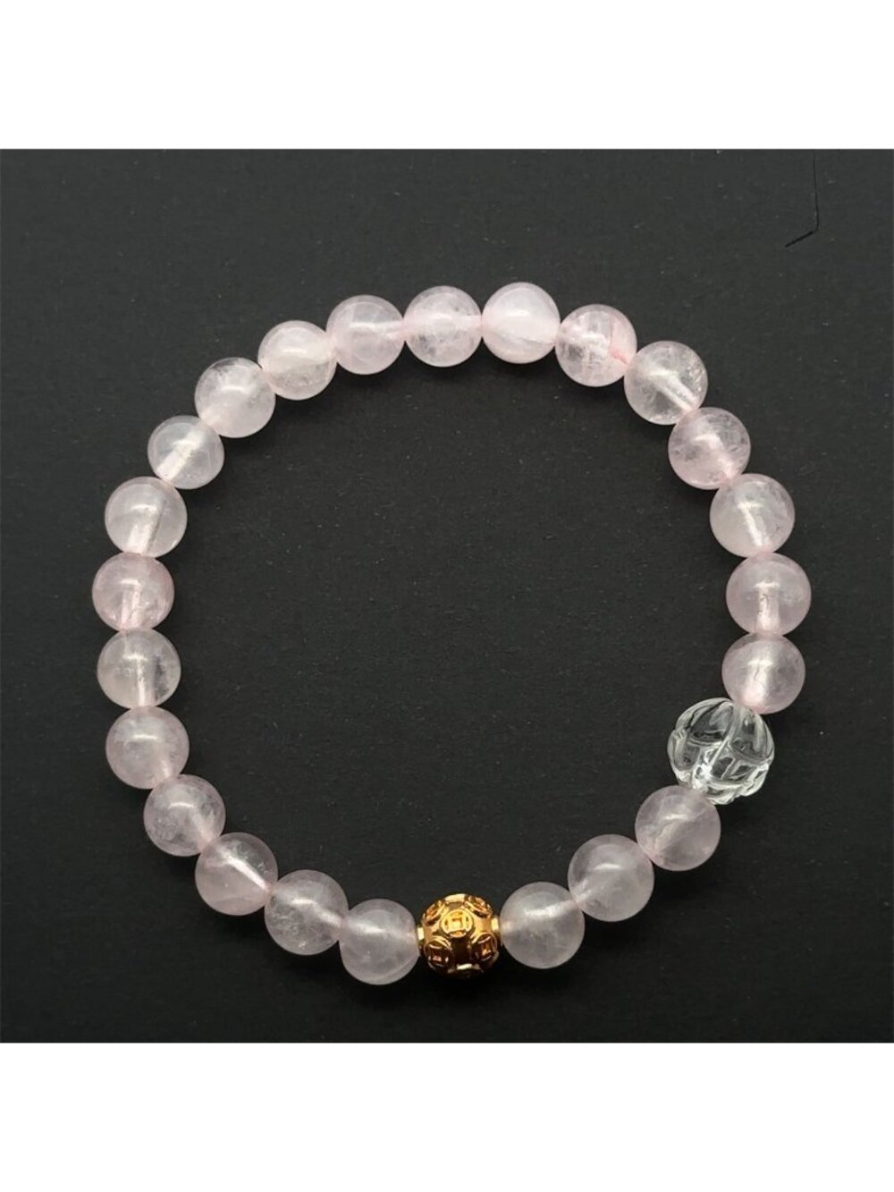 18K Solid Gold Coin Ball Stretch Bracelet Rose Quartz Clear Quartz Lotus